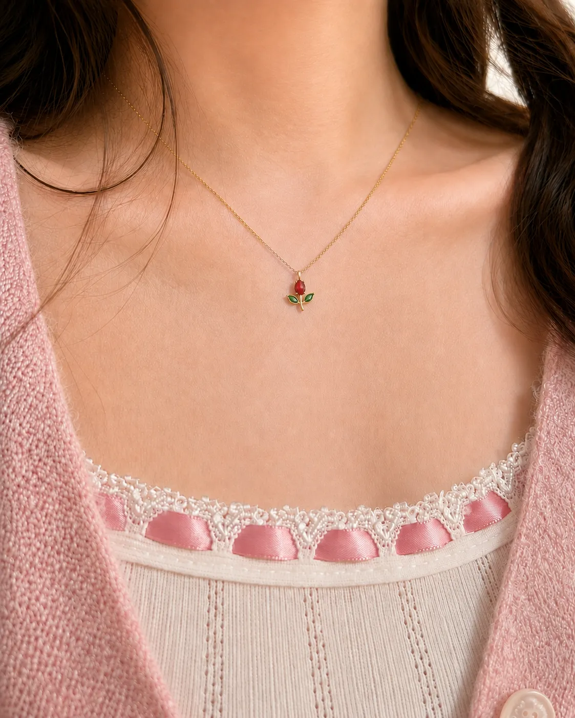 Minimal Tulip Pendant Necklace - Red